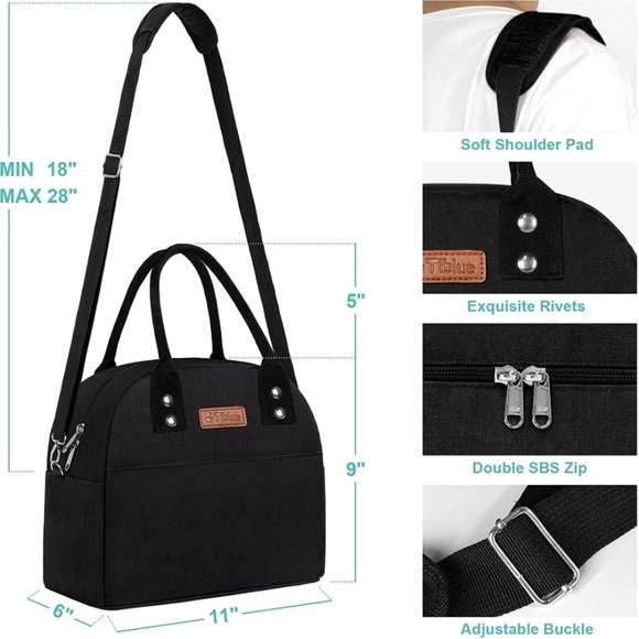 Midnight Black Reusable Insulated Lunch Box Organizer/ Adjustable Shoulder Strap - Picture 2 of 7